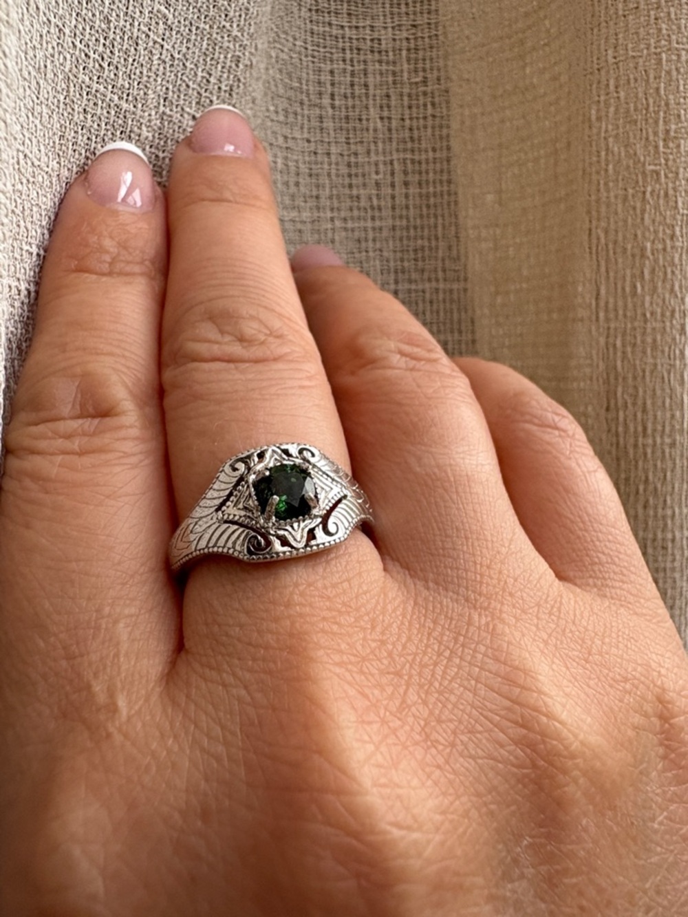 Sterling Silver Vintage-Style Ring with Dark Green Tourmaline